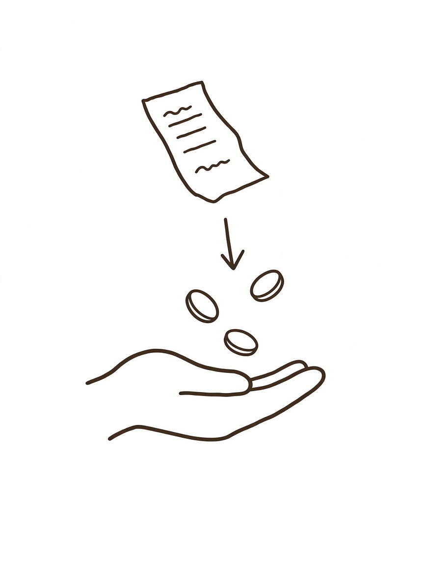 Pen drawing of a receipt and coins landing in an open hand